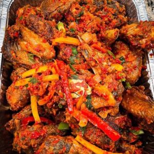 A bowl of peppered chicken